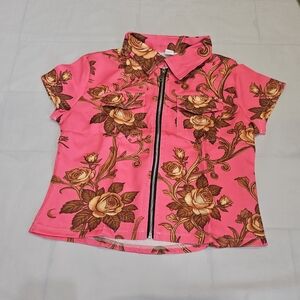 Bright Pink Floral Zip-Front Short Sleeve Top. Sz S